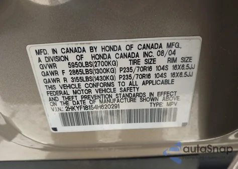 2004 Honda Pilot Lx z USA, uszkodzony, nr VIN 2HKYF18154H620291